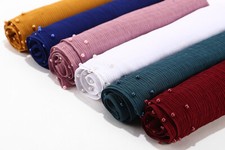 Crinkled Cotton Maxi Muslim Hijab Wrap Women Scarf Shawl Head Wrap Pearl Bead