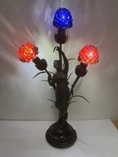 ANTIQUE FRENCH SPELTER NEWEL POST LAMP CIRCA 1880 GLASS BEAD SHADES LA PRINTEMPS