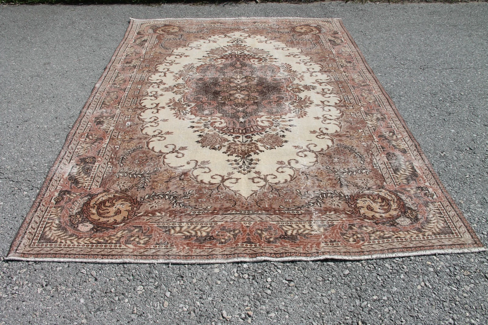 7x9 ft Bohemian Brown, Beige Vintage Wool, Oushak Handmade Floral Ethnic Rug