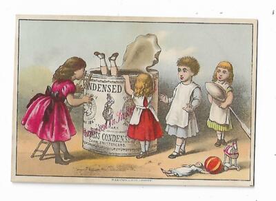 Old Trade Card Swiss Condensed Milk Cham Switzerland Girl Feet First In Can