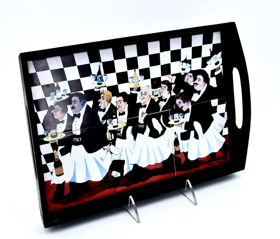 Bandeja para servir camareros de vino francés, azulejos de cerámica, vino, madera negra, asas, 13"x9"x2" Foto 2 de 4