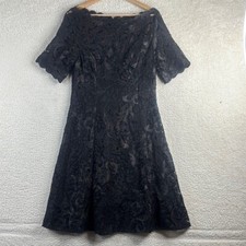 NWT Adrianna Papell Women Black Lace Boat Neck Short Sleeve A Line Dress Size 10