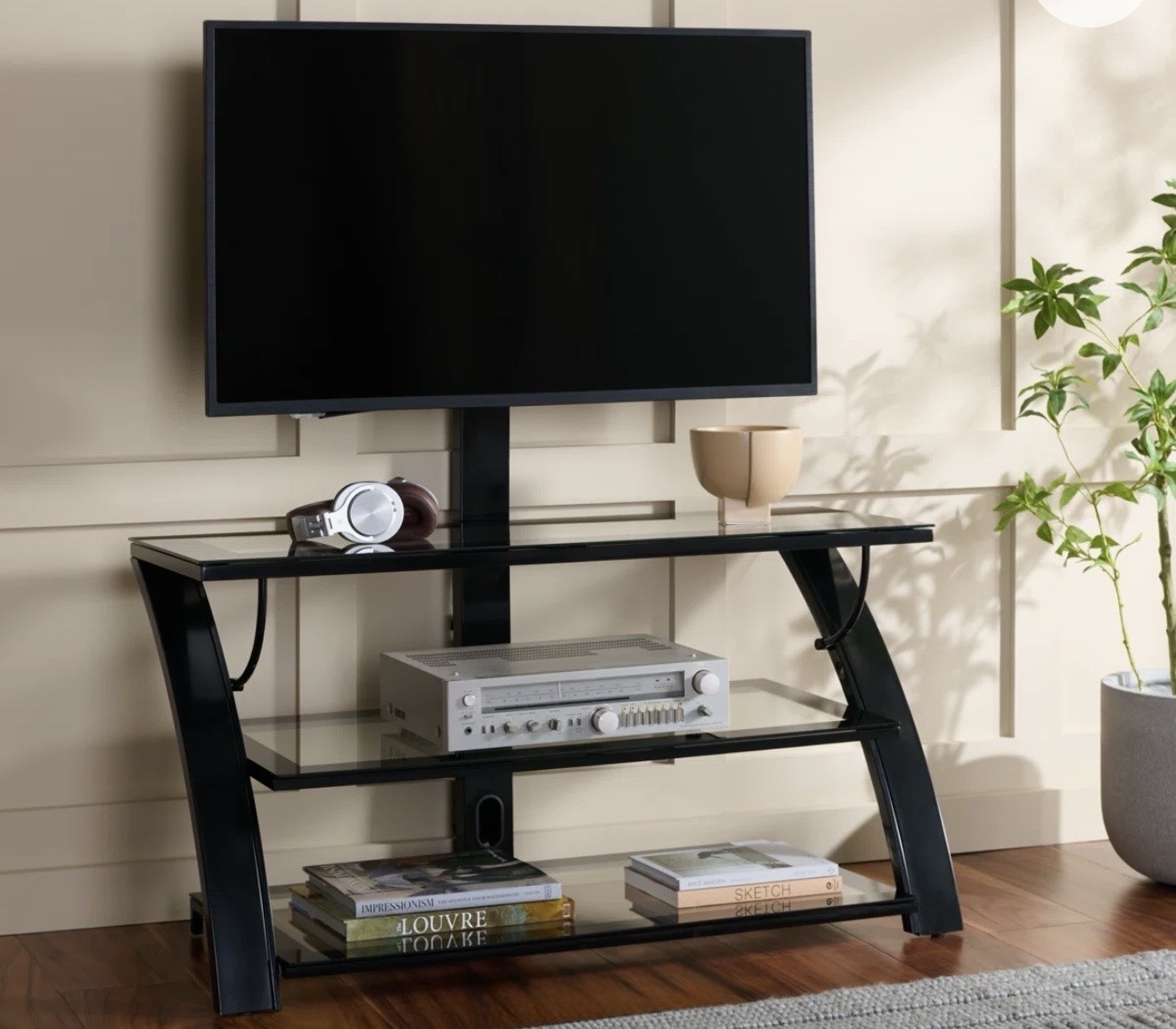 Modern Black Glass Metal 55.5x21x44 In 3 Shelves