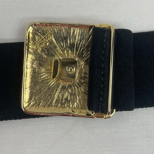 VTG 1980s Day-Lor Black & Gold Enamel Buckle Black Elastic Waist Belt 25” + - Picture 3 of 8