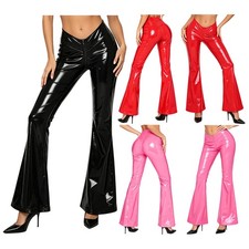 Women Flared Pants Faux Leather Bell-bottom Trousers Nightclub Clubwear Glossy