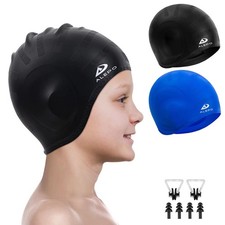 2 Pack Kids Swim Caps for Boys Girls, Durable Silicone Swimming Cap with 3D E...