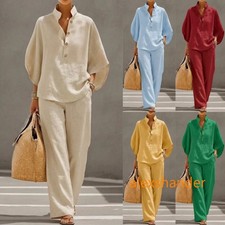 Women 2 Pcs Outfits Summer Shirts and Pants Sets Cotton Linen Casual Lounge Sets
