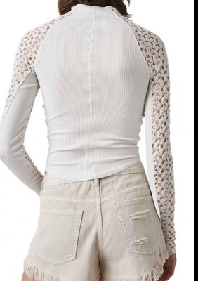Free People Ribbed L Top Floral Lace Mock Neck Crotchet Long Sleeve Cottage Core