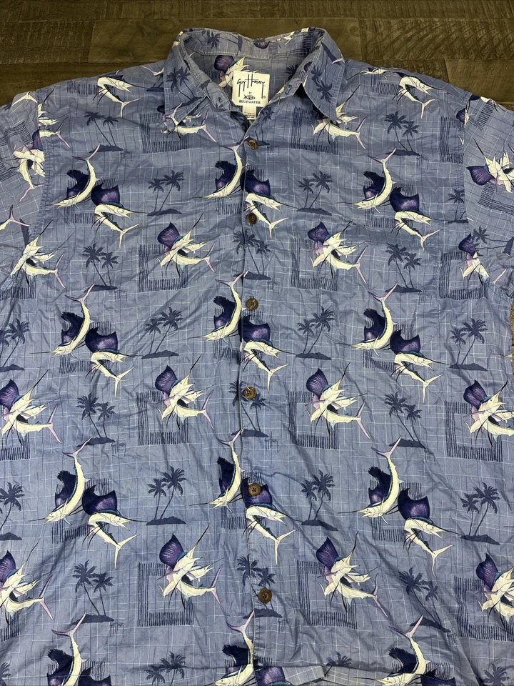 Camisa de pesca Guy Harvey AFTCO Performance para hombre 2X azul agua marlín estampado Foto 3 de 4