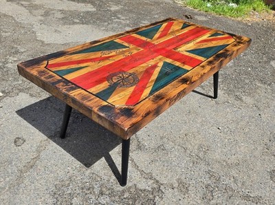 Union Jack Weltkarte Atlas Couchtisch Handarbeit Eiche, cm x cm