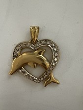14K SOLID YELLOW  WHITE GOLD DIAMOND-CUT TEXTURED DOLPHIN HEART PENDANT