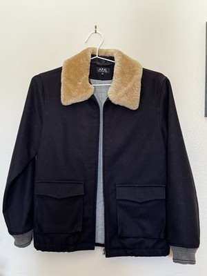 APC Bomber Jacket Fur Collar Size Extra Small Navy Blue Excellent Condition