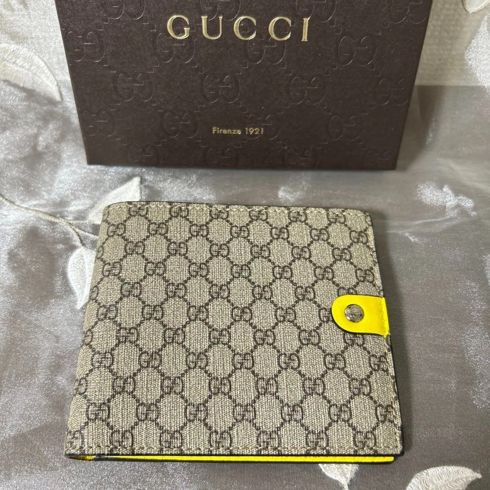 GUCCI GG Bifold Wallet Beige Yellow with Box No Coin Case 4.53" x 3.94" JAPAN - Image 2 of 4