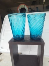 VINTAGE Peacock BLUE SWIRL Rocks GLASSES 