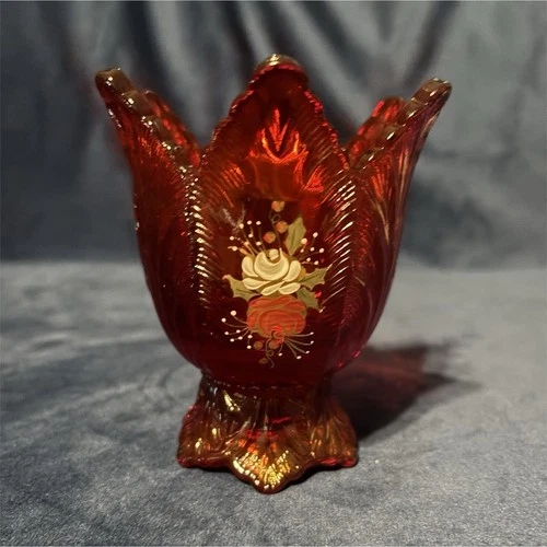 Fenton Ruby Red Tulip shaped Candle Holder. Signed M. Wenzel