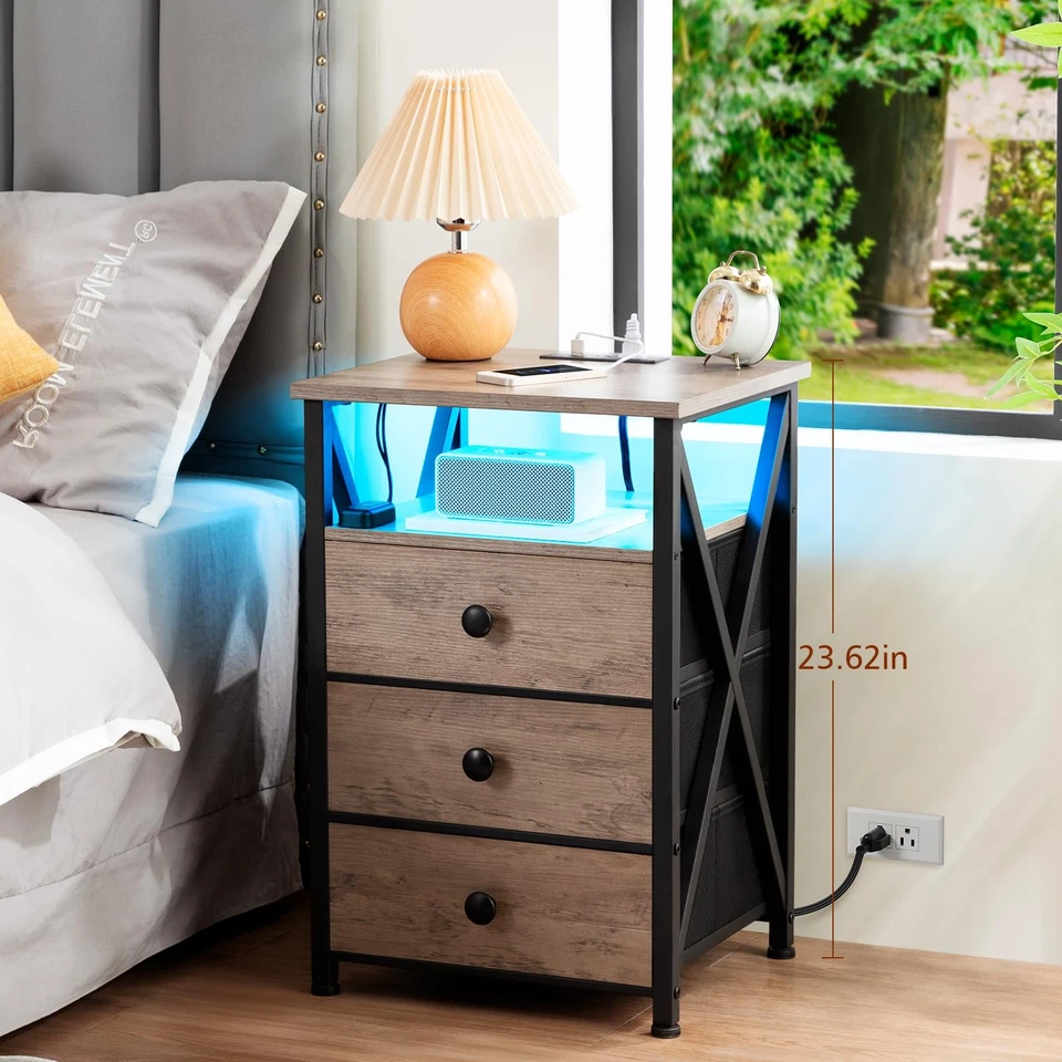Night Stand Set 2, LED Nightstand with Charging Station, End Side Tables with... - Image 2 of 4