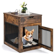 Rustic Dog Crate Furniture  End Table with Charging - Ideal for Small Dogs