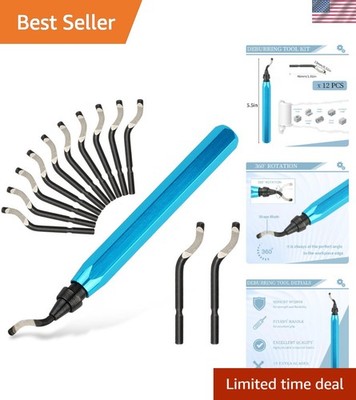 Precision Deburring Tool with 12 Steel Blades & Non-Slip Blue Handle Lightweight