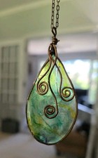 Green Teardrop Pendant Necklace Copper Tone Wire Wrapped Spiral Boho 16" Chain
