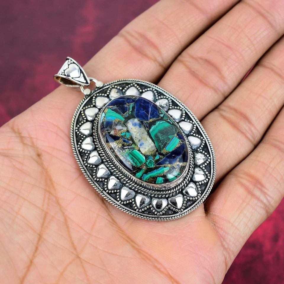 Joyería colgante de plata de ley 925 hecha a mano con piedras preciosas de malaquita azurita Foto 4 de 4