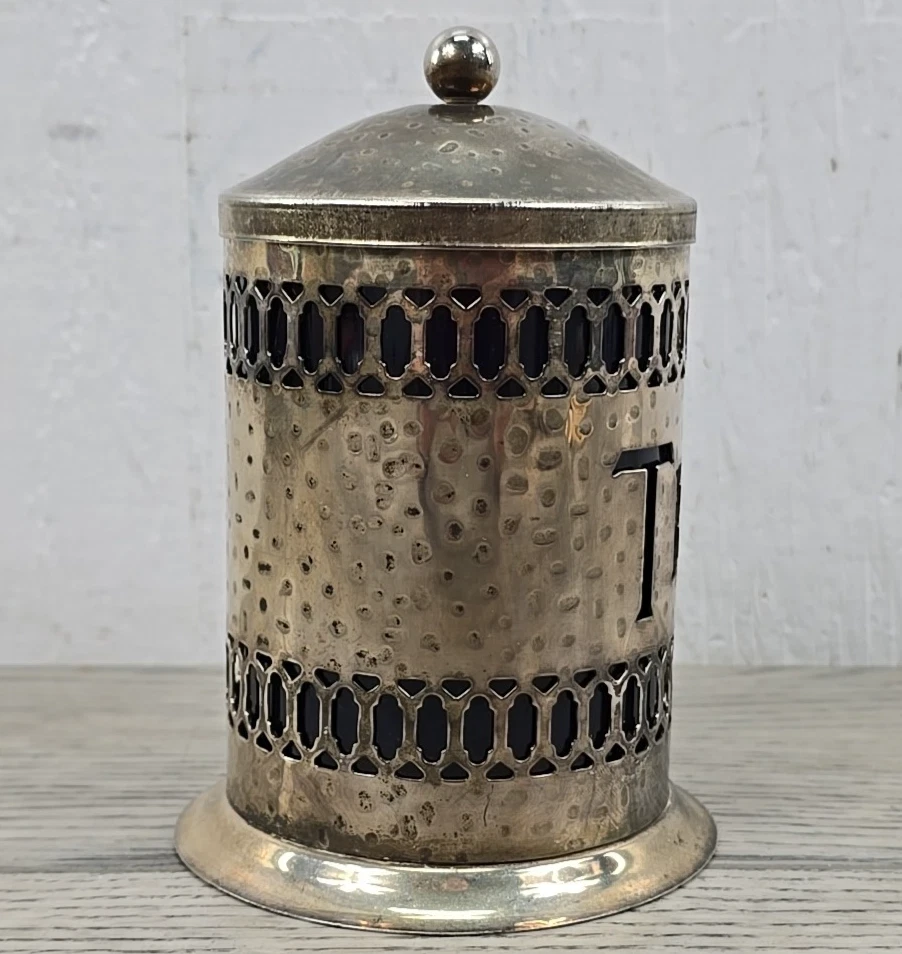 Bote de té azul cobalto y acero inoxidable acabado martillado Sheffield de colección Foto 4 de 4