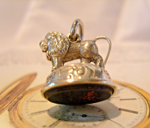 Pocket Watch Chain Fob Large Victorian Majestic Lion With Bloodstone Antique