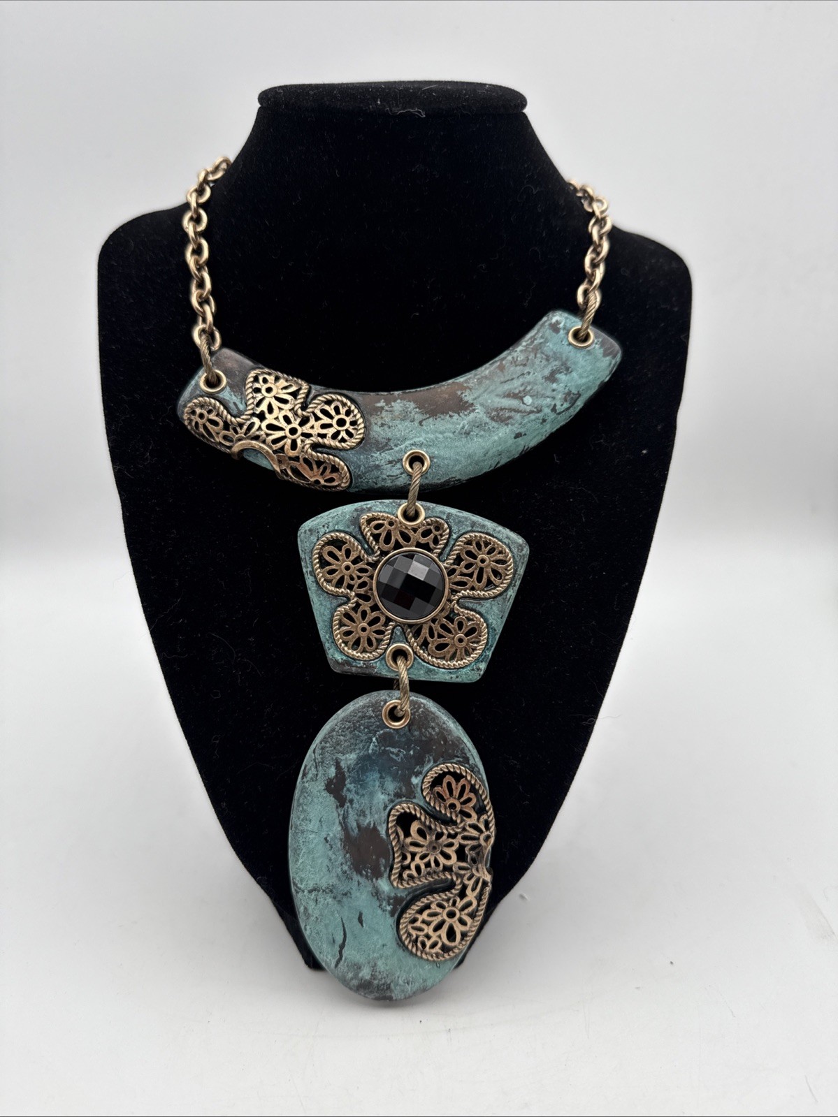 Large Statement Necklace Rhinestone Distressed Gr… - image 1