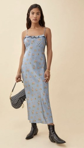 Reformation Aribella Ruffle Midi Dress Cora Blue Floral Silk Size XS