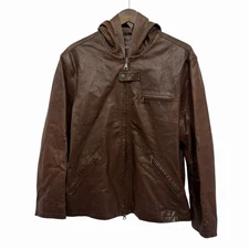 John Varvatos Mens 54 Brown Distressed Leather Full Zip Hooded Motorcycle Jacket