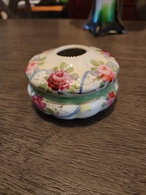 Vintage Victorian Hand Painted Porcelain Floral Hair Receiver Vanity Gold Gilt