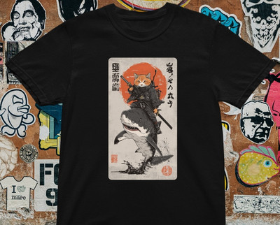 Samurai Katze T-Shirt - Japanese Ukiyo-e Style Graphic Tee, Warrior Cat Art Shirt