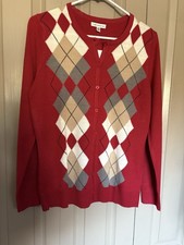 NWT Sz S Croft & Barrow Argyle Button Up Sweater Cardigan Red White Tan Gray