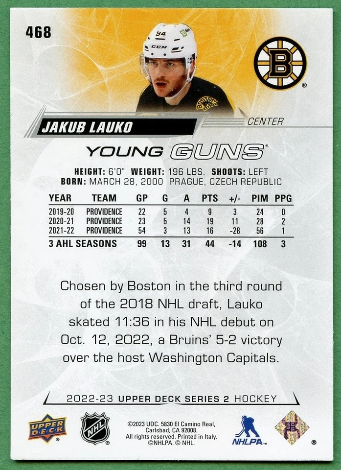 JAKUB LAUKO 2022-23 UD SERIES 2 YOUNG GUNS #468 BOSTON BRUINS - Image 2 of 2