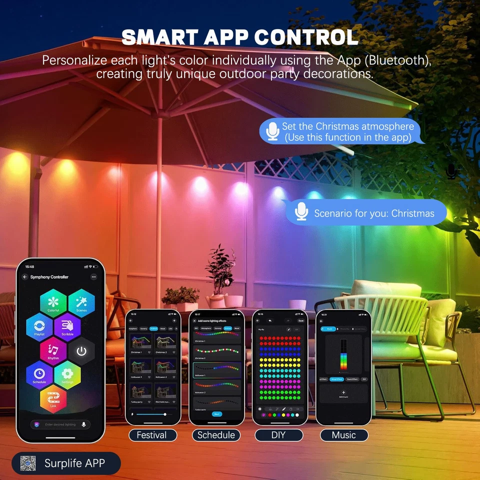 Luces exteriores permanentes inteligentes RGB impermeables iluminación aleros para decoración de casas Foto 4 de 4