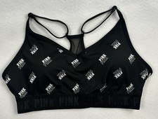 PINK Victoria s Secret Sport Bra M-DD Black Logo Mesh Back Strappy Bralette
