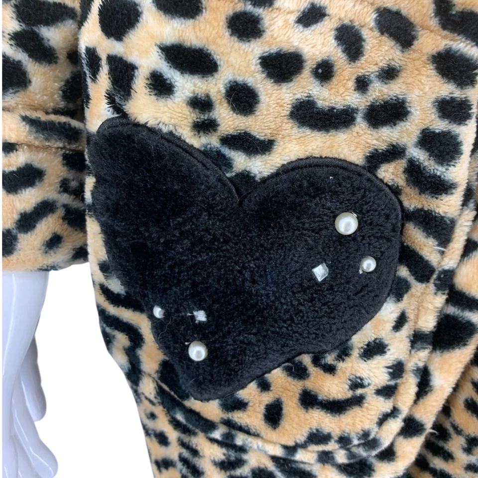 Betsey Johnson Sz XS/S Leopard Print Fluffy Fleece Hooded Shorty Robe Bathrobe - Image 3 of 4
