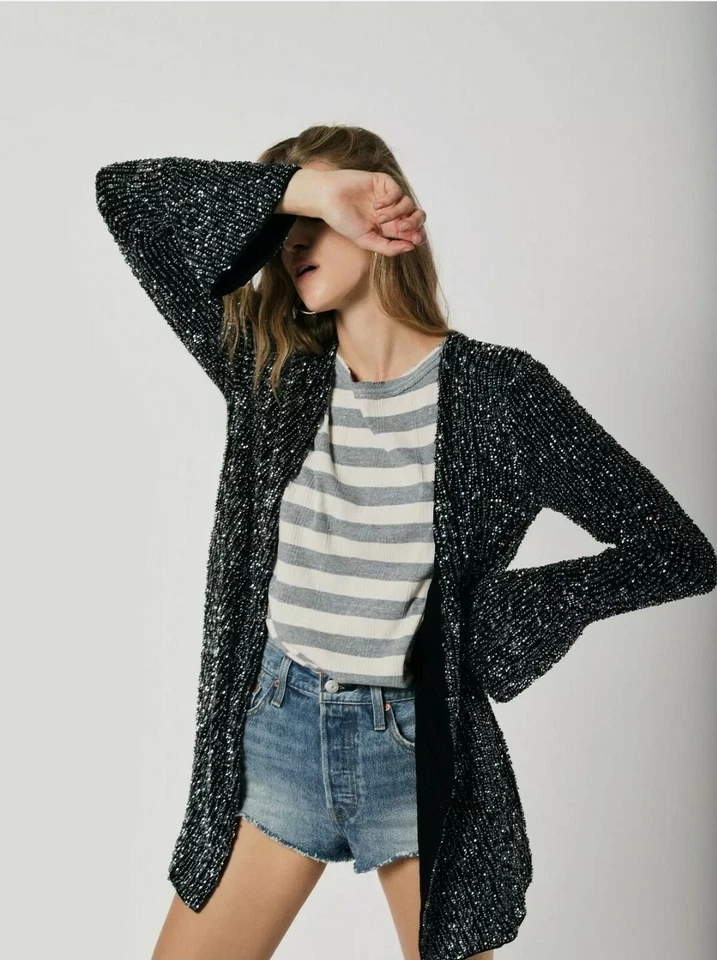 Free People Jacket Harley Sequin Jacket Cardigan. Black, Small, RRP $228 - Image 2 of 4