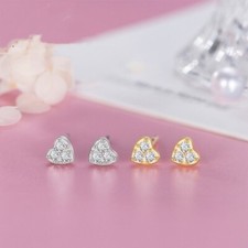 Tiny Heart w/CZ-Solid 925 Sterling Stud Earrings Silver Gold hypoallergenic