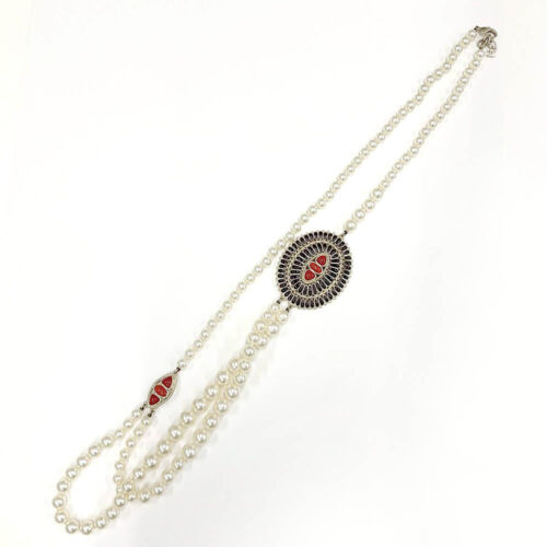 CHANEL CC Logo Red Gripoix Stones Pearl Round Necklace 37" Gold Tone A14A Auth  - Picture 1 of 9