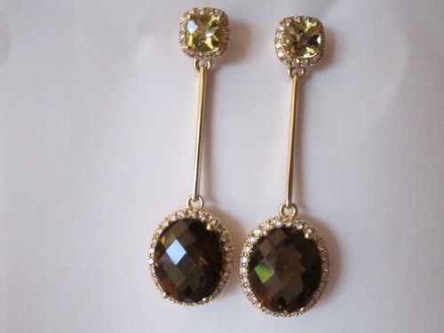 Stylish 18k. Yellow Gold Checkereboard Topaz & Citrine Diamond Dangle Earrings - Picture 5 of 11