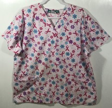 Pink Ribbon Scrub Top womens size L Large by green town Breast Cancer Awareness