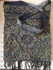 Vintage Bohemian Navy Beaded Back and Front Fringe Purse