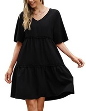 Womens Short Sleeve V Neck Mini Dress Ladies Pleated Ruffle Baggy Solid Dresses 