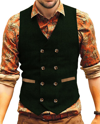 Mens Vests Double-breasted Vintage Tweed Herringbone Suits Waistcoats Retro Wool