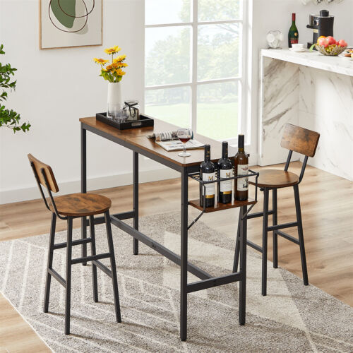 3 Piece Bar Table Set Counter Height Kitchen Pub Table with 2 Bar Stool Brown