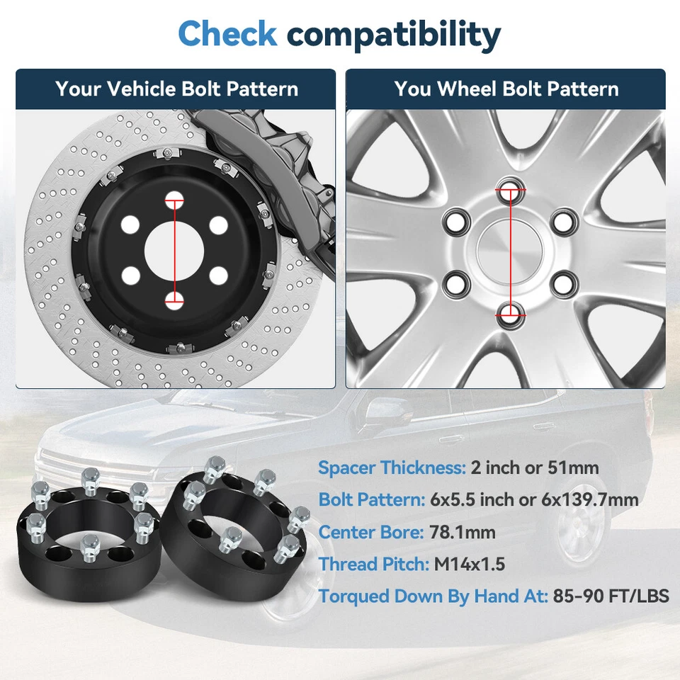 2 Pcs 2" 6x5.5 Hub Centric Wheel Spacers 14x1.5 For Chevy Silverado Sierra 1500 - Imagem 2 de 4