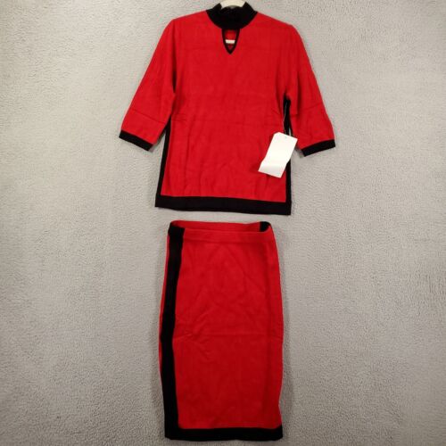 Ashro Skirt And Top Set Womens Small Red Black Sweater Knit Career Blouse Shirt