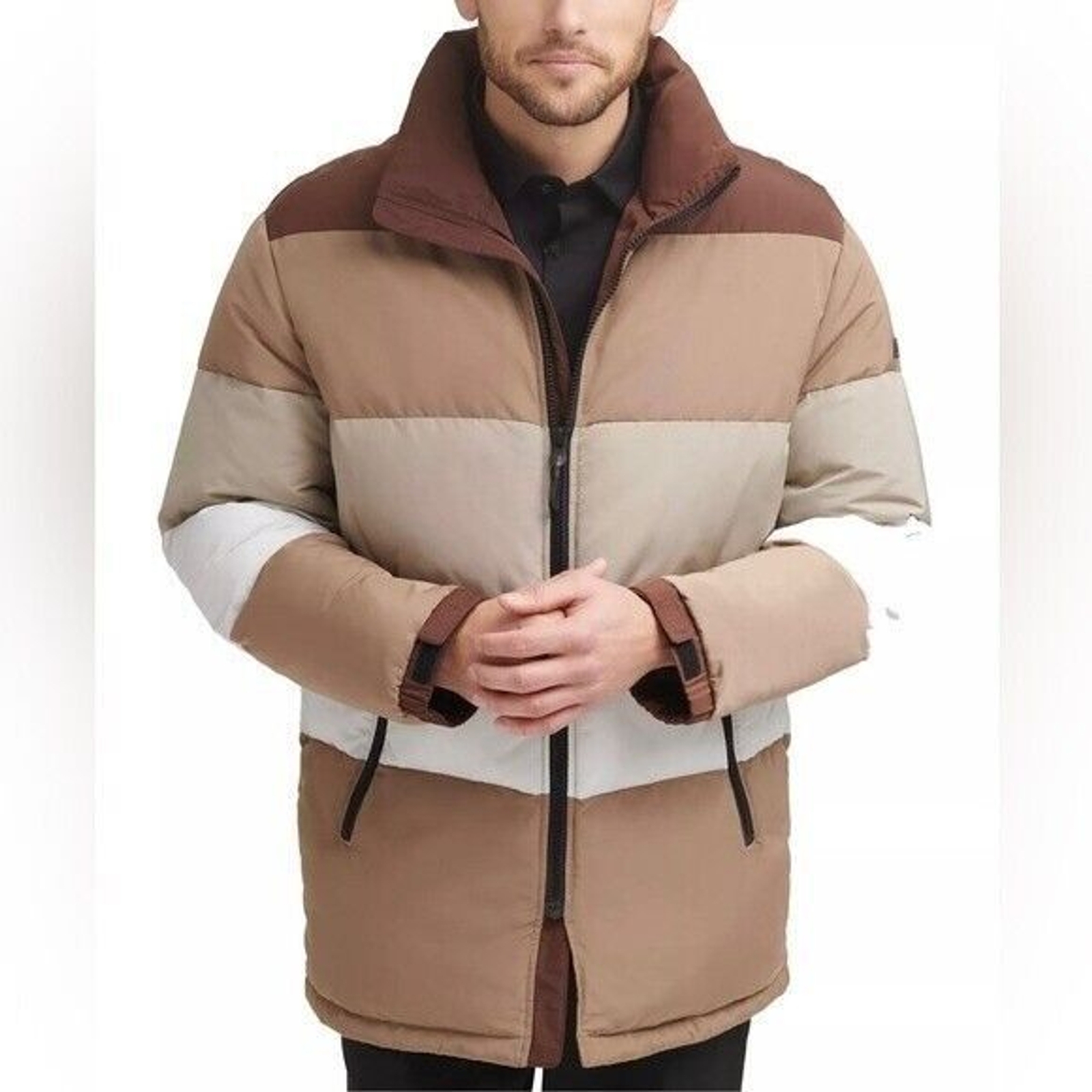 New DKNY Men's New Quilted Walking Coat combo brown/Tan XL jacket