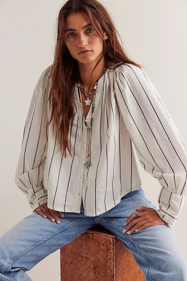 Free People We The Free Farmhouse Fresh Top Striped V Neck Button Blouse L NEW