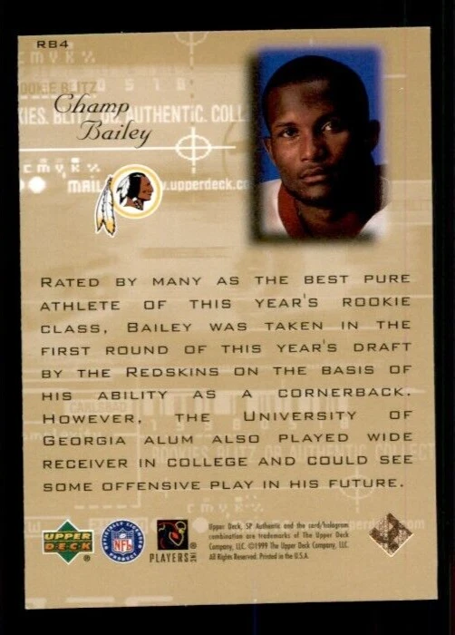 1999 SP Authentic Rookie Blitz #RB4 Champ Bailey. - Image 2 of 2